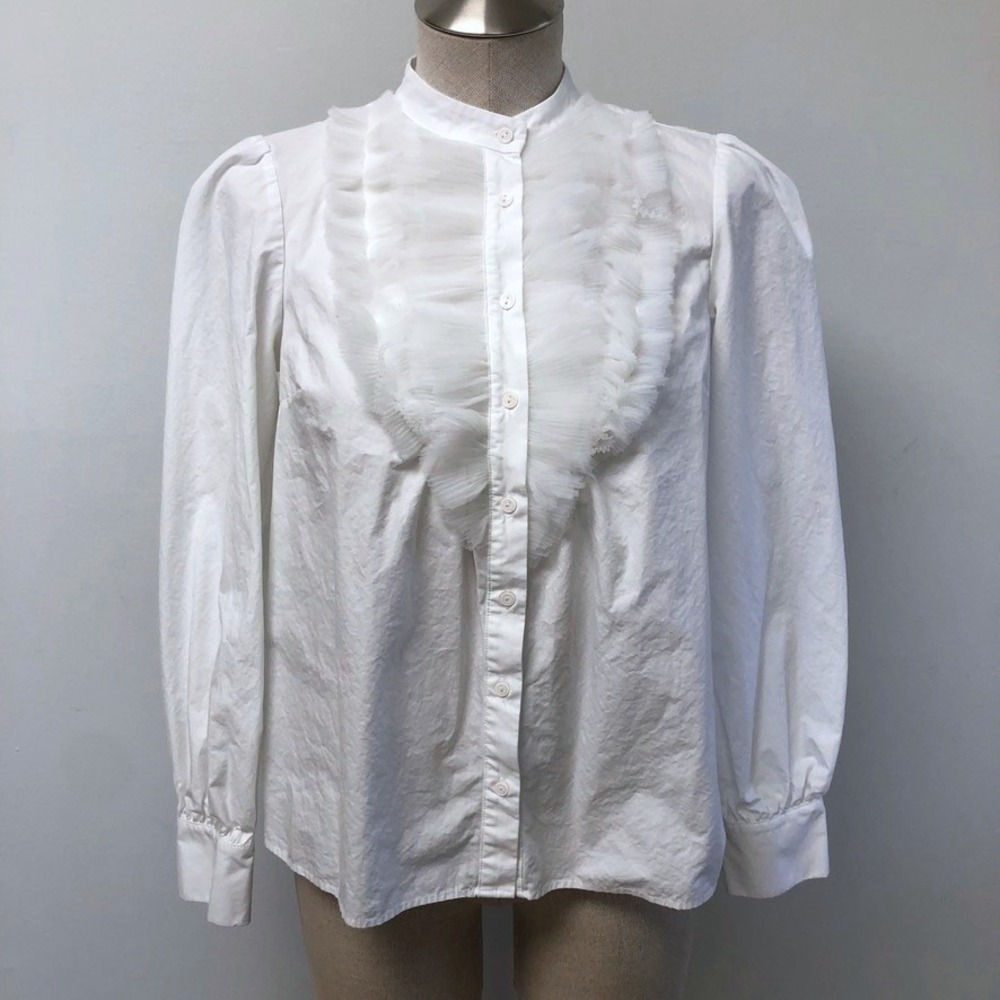 Maeve by Anthropologie Blouse Womens‎ XS Adult White Tulle Ruffle Bib Cotton Top